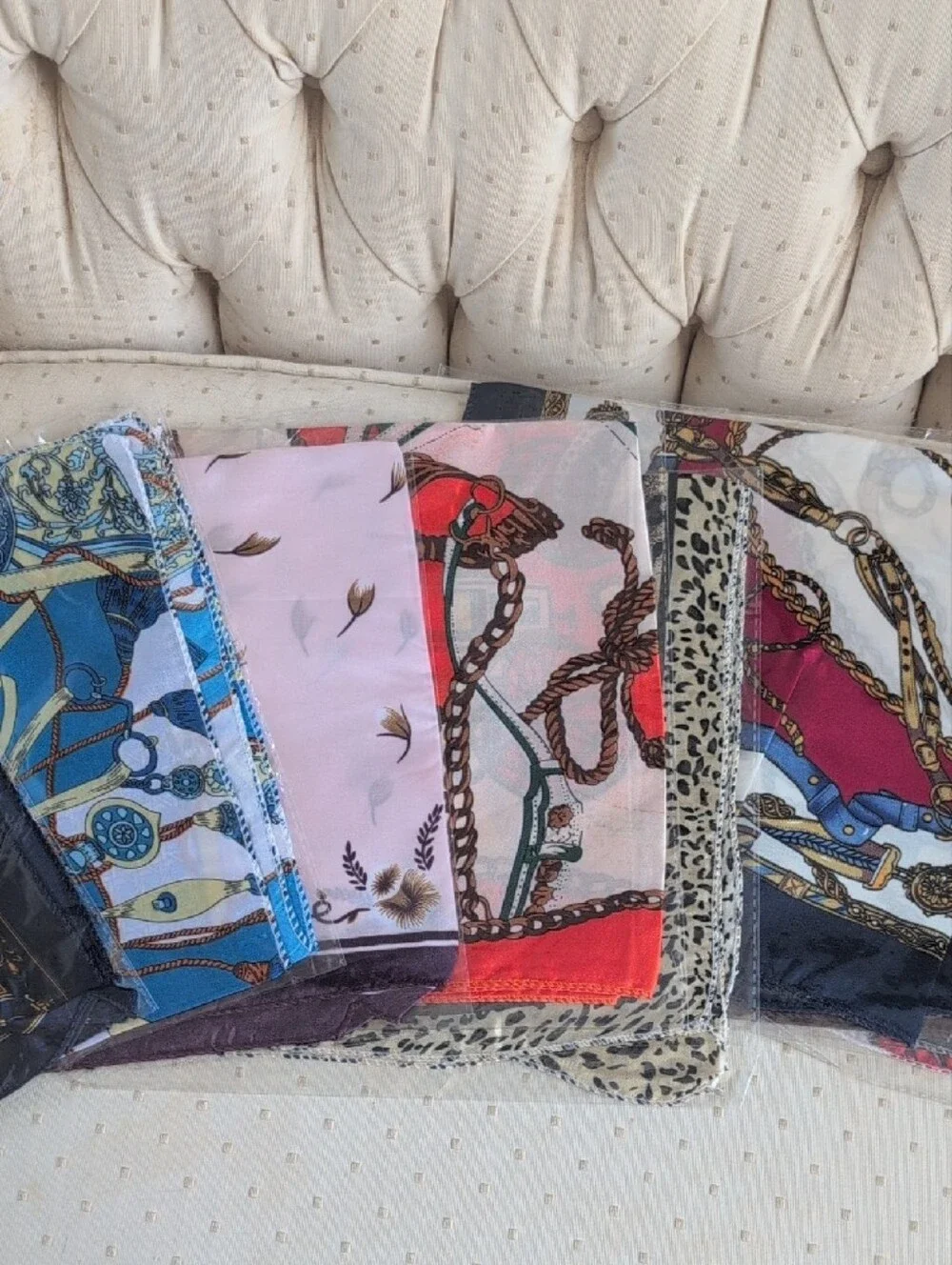 Silk-Feel Floral & Chain Print Scarf - Pink, Blue